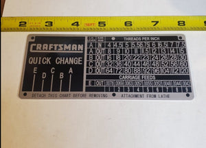 Craftsman 10" 12" Metal Lathe Thread Chart Tag L6-1031