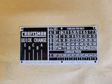 Load image into Gallery viewer, Craftsman 12" Metal Lathe Thread Chart Tag L6-1031