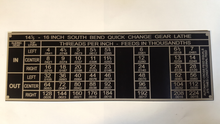 Load image into Gallery viewer, SOUTH BEND LATHE PLATE THREADING CHART TAG 14-1/2&quot; - 16&quot; Size 8-3/4&quot; X 3&quot;