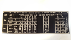 SOUTH BEND LATHE PLATE THREADING CHART TAG 14-1/2" - 16" Size 8-3/4" X 3"