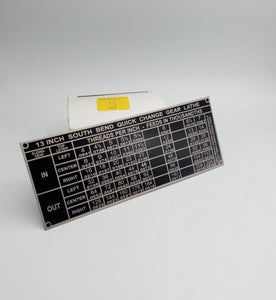 SOUTH BEND 13" SINGLE TUMBLER METAL LATHE PLATE 13" THREADING CHART TAG 7 7/8" X 2 3/4"