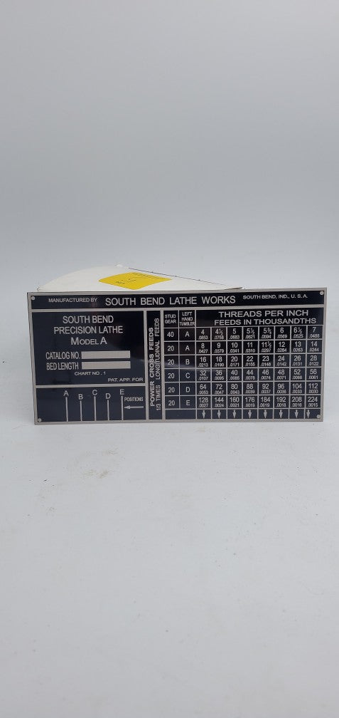 South Bend 9A Double Tumbler Metal Lathe Threading Chart - CHART No 1 - 5-1/2