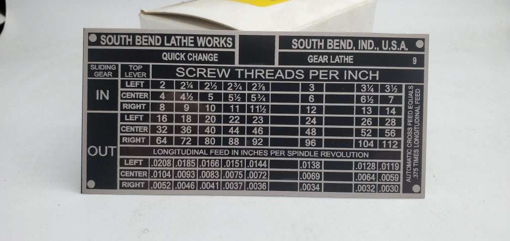 South Bend 9 Inch Single Tumbler Threading Chart – Farm Boy Sales