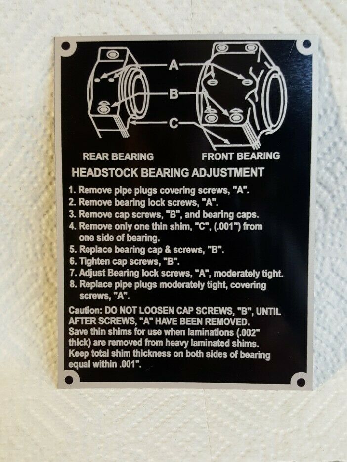 South Bend Head stock Headstock Bearing Adjustment Aluminum Chart Tag Plate NEW Alum Brass