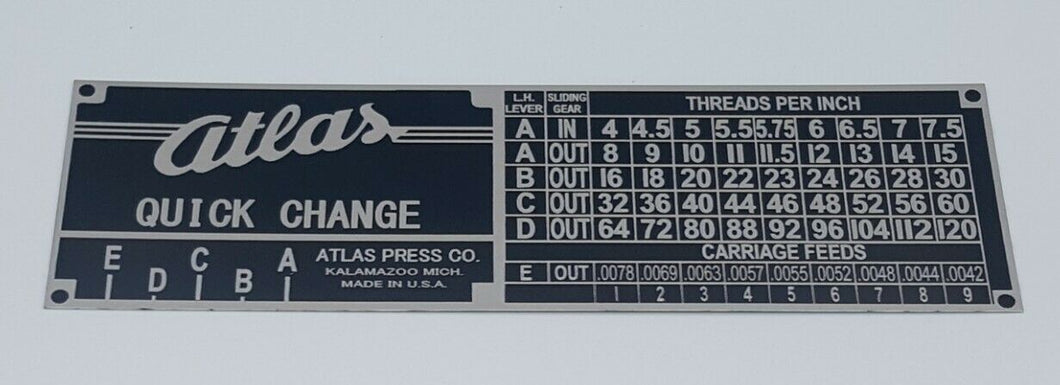 ATLAS 10 INCH LATHE QUICK CHANGE GEARBOX THREAD CHART TAG LABEL